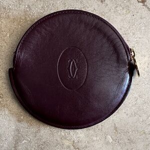 Vintage Cartier Bordeaux Red Leather Coin Pouch w/Gold Accents • Made in France